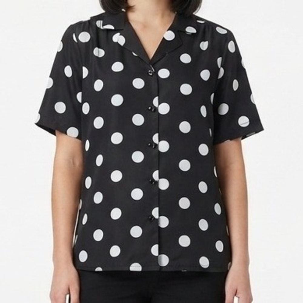 Maurada Button Down Shirt Womens 14 Black Polka Dot Short Sleeve Retro Top